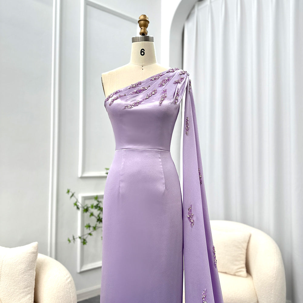 Arabic One Shoulder Lilac Dubai Evening Dresses with Cape Elegant Ankle Length Women Wedding Guest Party Gowns 273 Lilac / 12