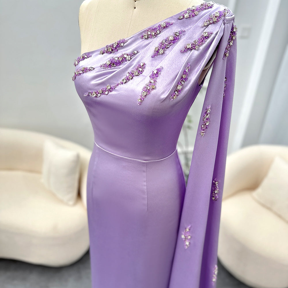 Arabic One Shoulder Lilac Dubai Evening Dresses with Cape Elegant Ankle Length Women Wedding Guest Party Gowns 273 Lilac / 12