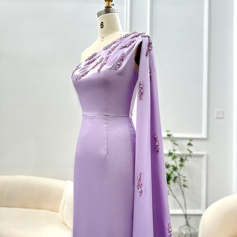 Arabic One Shoulder Lilac Dubai Evening Dresses with Cape Elegant SF545