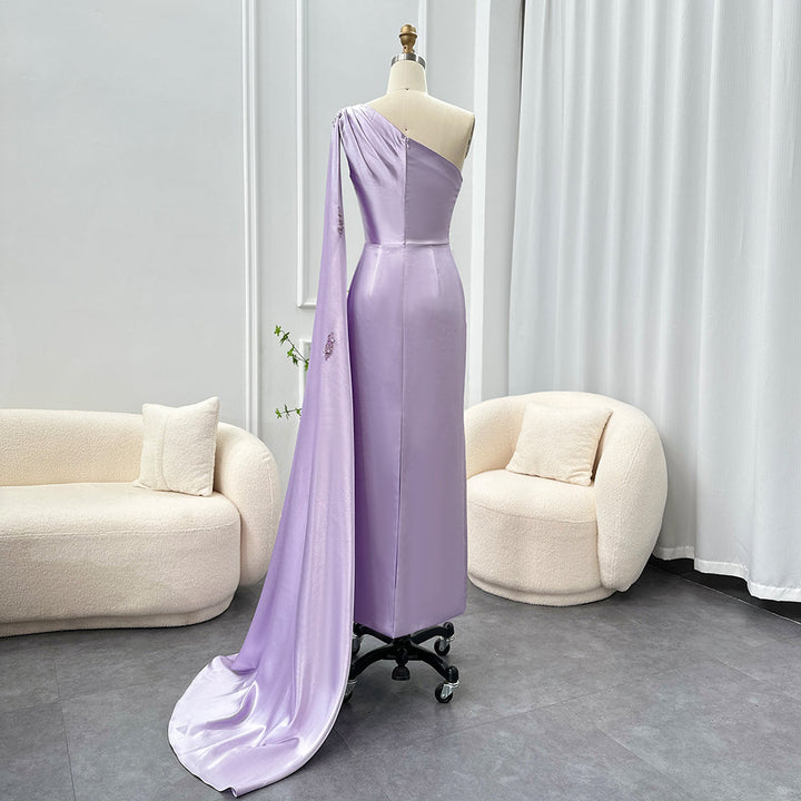 Arabic One Shoulder Lilac Dubai Evening Dresses with Cape Elegant SF545