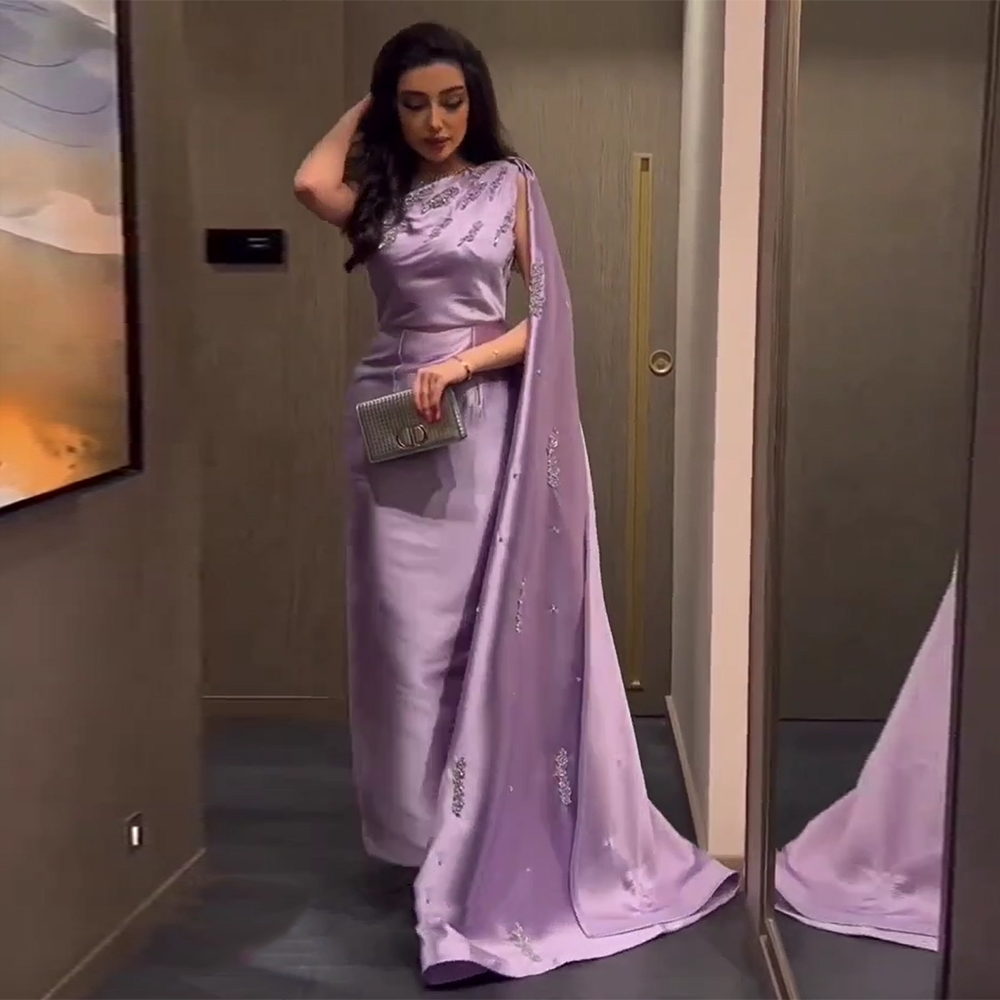 Arabic One Shoulder Lilac Dubai Evening Dresses with Cape Elegant SF545