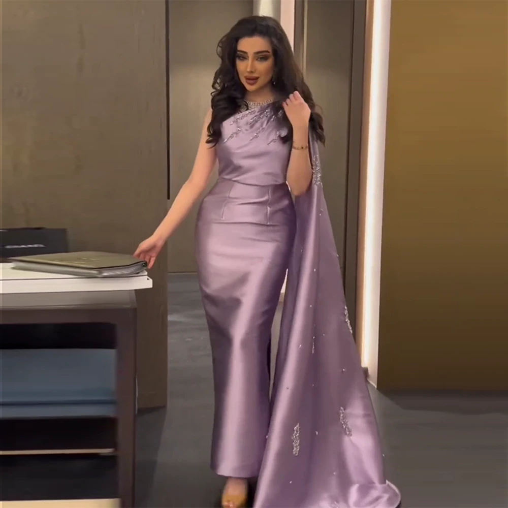 Arabic One Shoulder Lilac Dubai Evening Dresses with Cape Elegant Ankle Length Women Wedding Guest Party Gowns 273 DreamyVow Arabic One Shoulder Lilac Dubai Evening Dresses with Cape Elegant Ankle Length Women Wedding Guest Party Gowns 273 DreamyVow