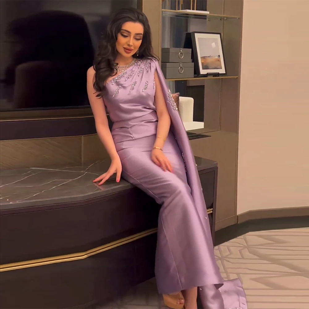 strapless open back dress Arabic One Shoulder Lilac Dubai Evening Dresses with Cape Elegant Ankle Length Women Wedding Guest Party Gowns 273 Lilac / 14