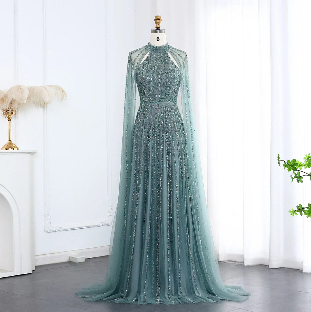 Arabic Turquoise Luxury Dubai Evening Dress with Cape Sleeves SS085 Turquoise / 10 Arabic Turquoise Luxury Dubai Evening Dress with Cape Sleeves SS085 Turquoise / 10