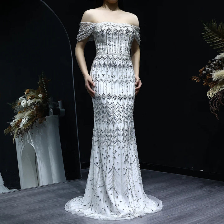 Arabic White Luxury Dubai Mermaid Evening Dress with Cap Sleeves SS291