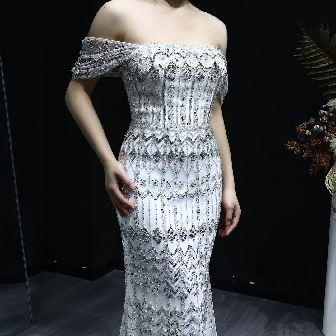 Arabic White Luxury Dubai Mermaid Evening Dress with Cap Sleeves SS291