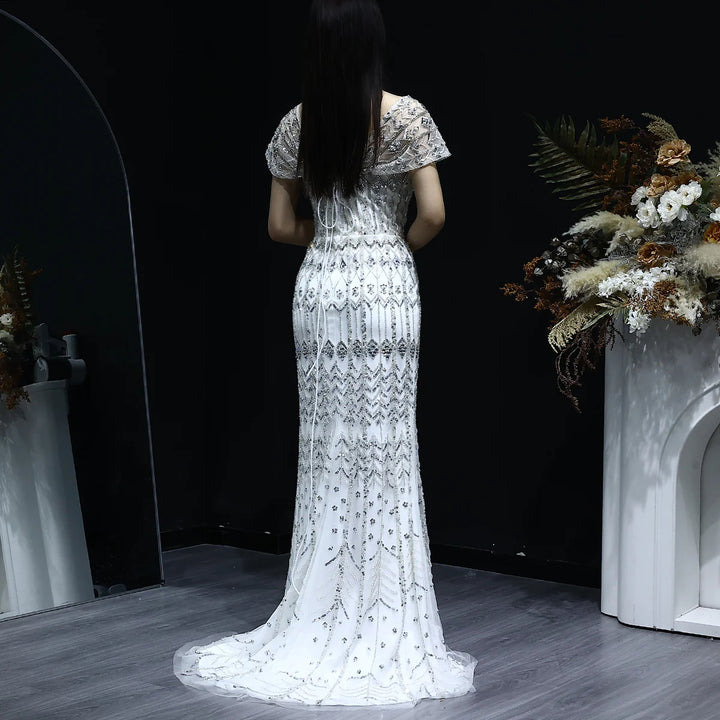Arabic White Luxury Dubai Mermaid Evening Dress with Cap Sleeves SS291