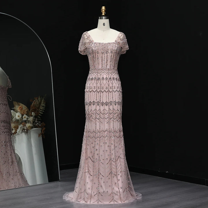 Arabic White Luxury Dubai Mermaid Evening Dress with Cap Sleeves SS291