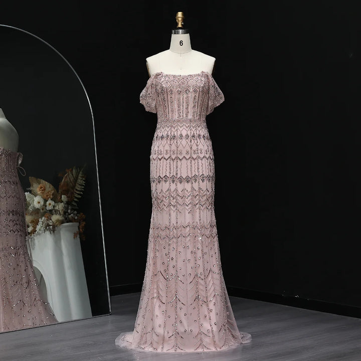 Arabic White Luxury Dubai Mermaid Evening Dress with Cap Sleeves SS291