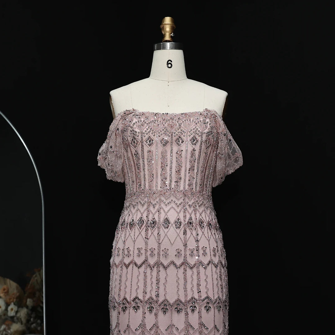Arabic White Luxury Dubai Mermaid Evening Dress with Cap Sleeves SS291