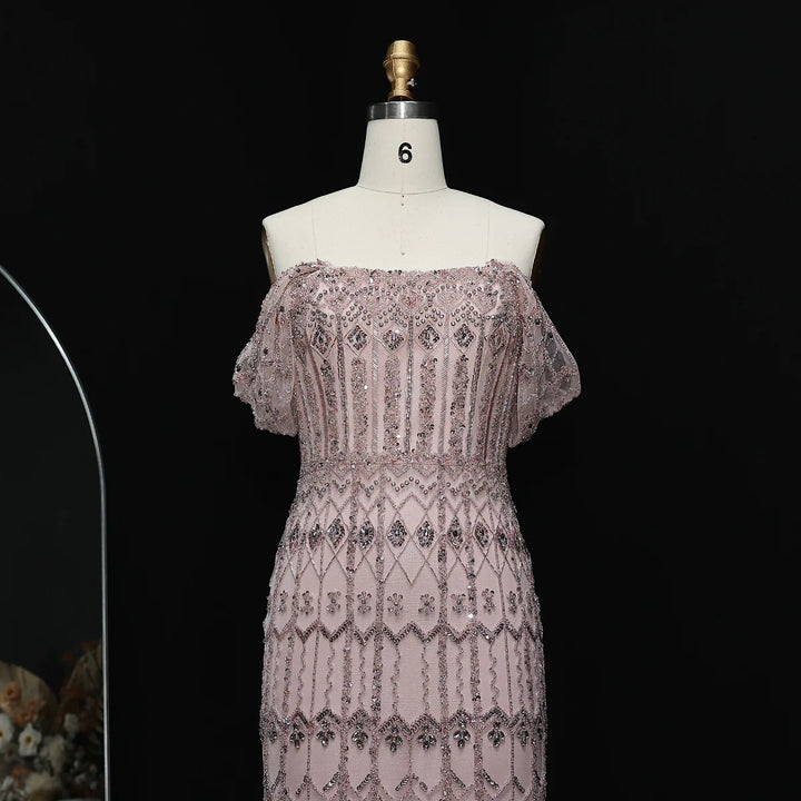Arabic White Luxury Dubai Mermaid Evening Dress with Cap Sleeves SS291