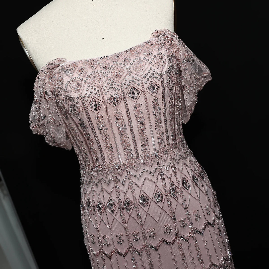 Arabic White Luxury Dubai Mermaid Evening Dress with Cap Sleeves SS291