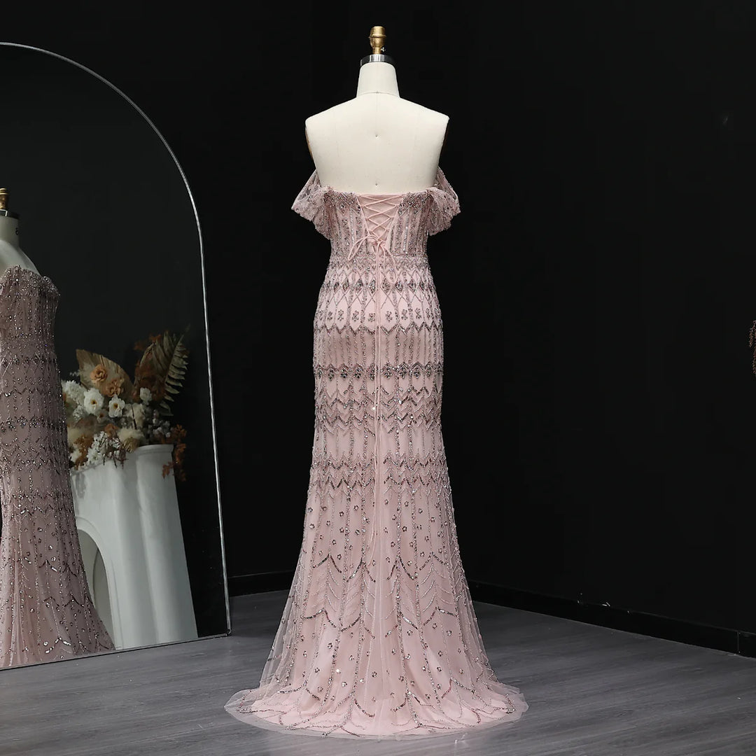 Arabic White Luxury Dubai Mermaid Evening Dress with Cap Sleeves SS291