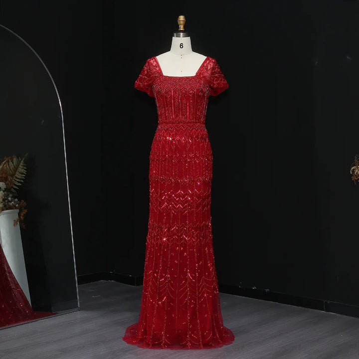 Arabic White Luxury Dubai Mermaid Evening Dress with Cap Sleeves SS291