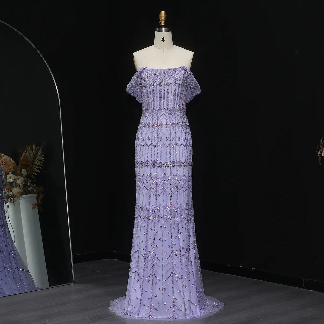 Arabic White Luxury Dubai Mermaid Evening Dress with Cap Sleeves SS291