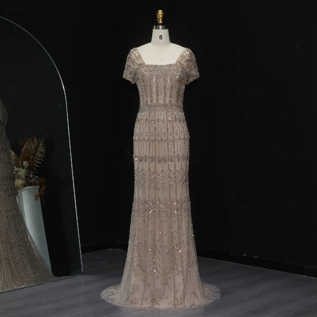 Arabic White Luxury Dubai Mermaid Evening Dress with Cap Sleeves SS291
