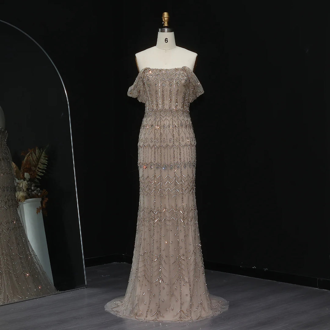 Arabic White Luxury Dubai Mermaid Evening Dress with Cap Sleeves SS291