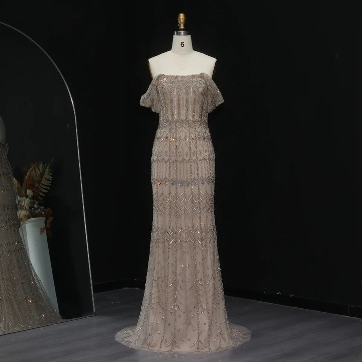 Arabic White Luxury Dubai Mermaid Evening Dress with Cap Sleeves SS291