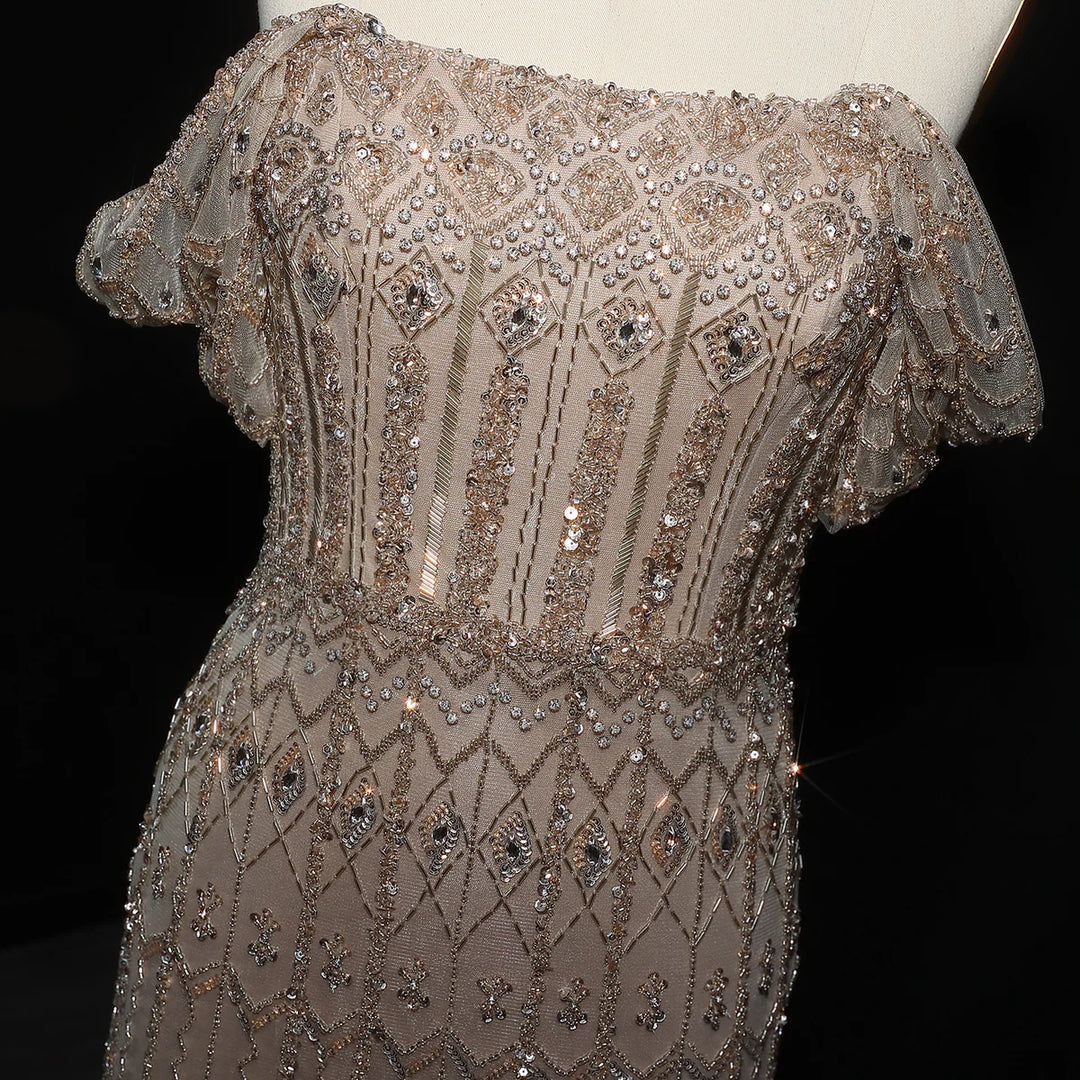Arabic White Luxury Dubai Mermaid Evening Dress with Cap Sleeves SS291