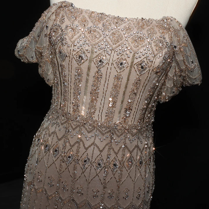 Arabic White Luxury Dubai Mermaid Evening Dress with Cap Sleeves SS291