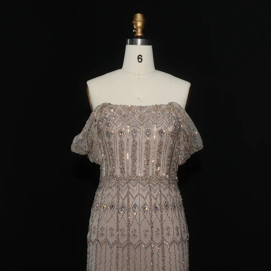 Arabic White Luxury Dubai Mermaid Evening Dress with Cap Sleeves SS291