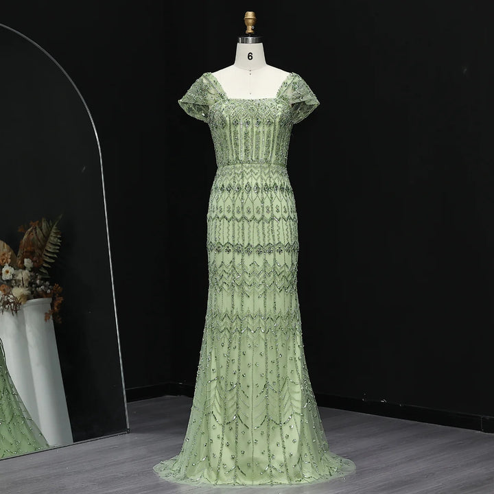 Arabic White Luxury Dubai Mermaid Evening Dress with Cap Sleeves SS291