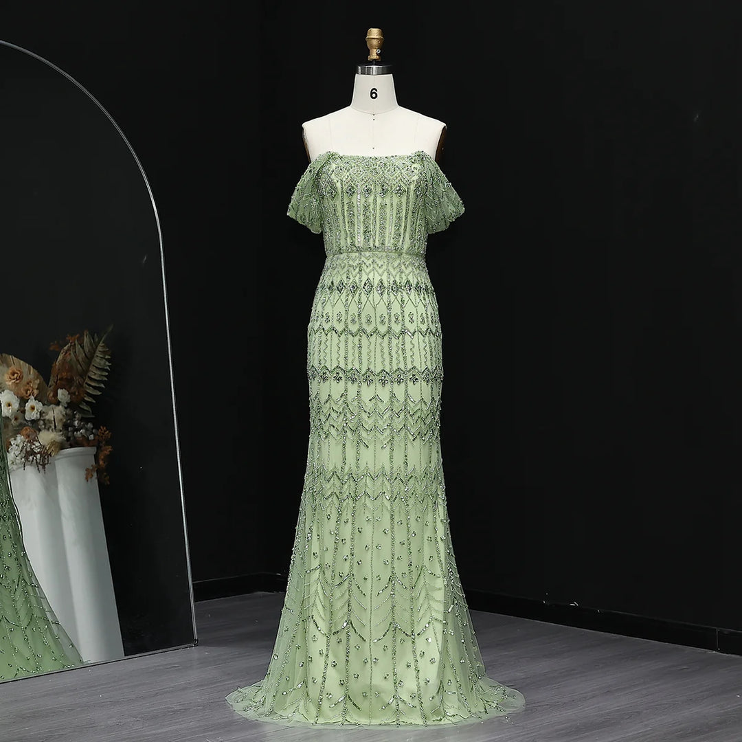 Arabic White Luxury Dubai Mermaid Evening Dress with Cap Sleeves SS291