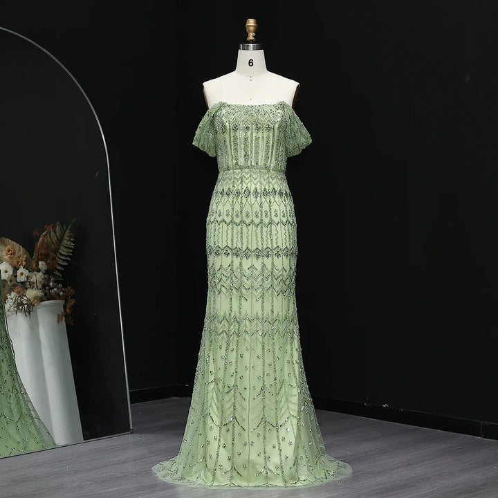 Arabic White Luxury Dubai Mermaid Evening Dress with Cap Sleeves SS291