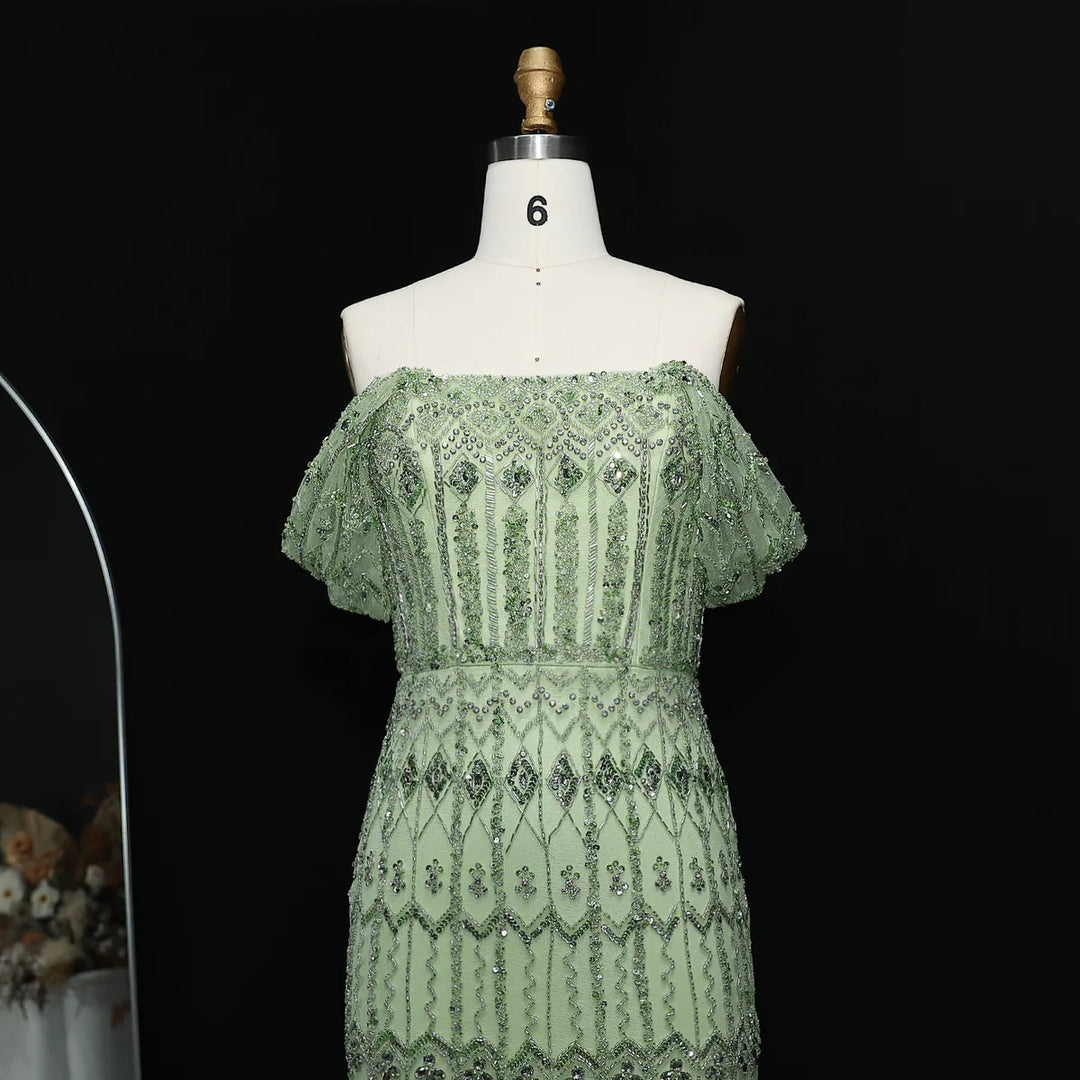 Arabic White Luxury Dubai Mermaid Evening Dress with Cap Sleeves SS291