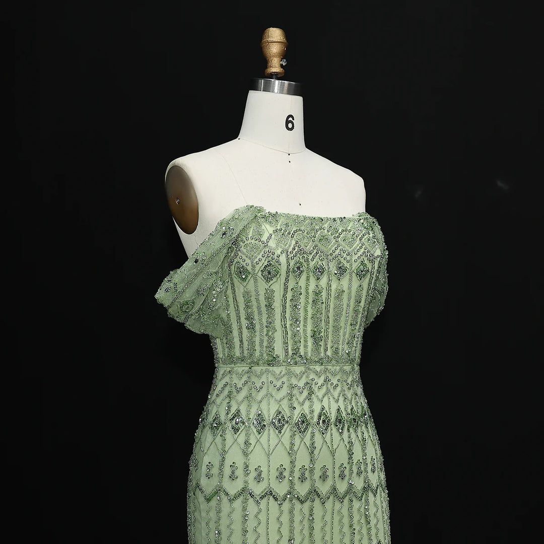 Arabic White Luxury Dubai Mermaid Evening Dress with Cap Sleeves SS291