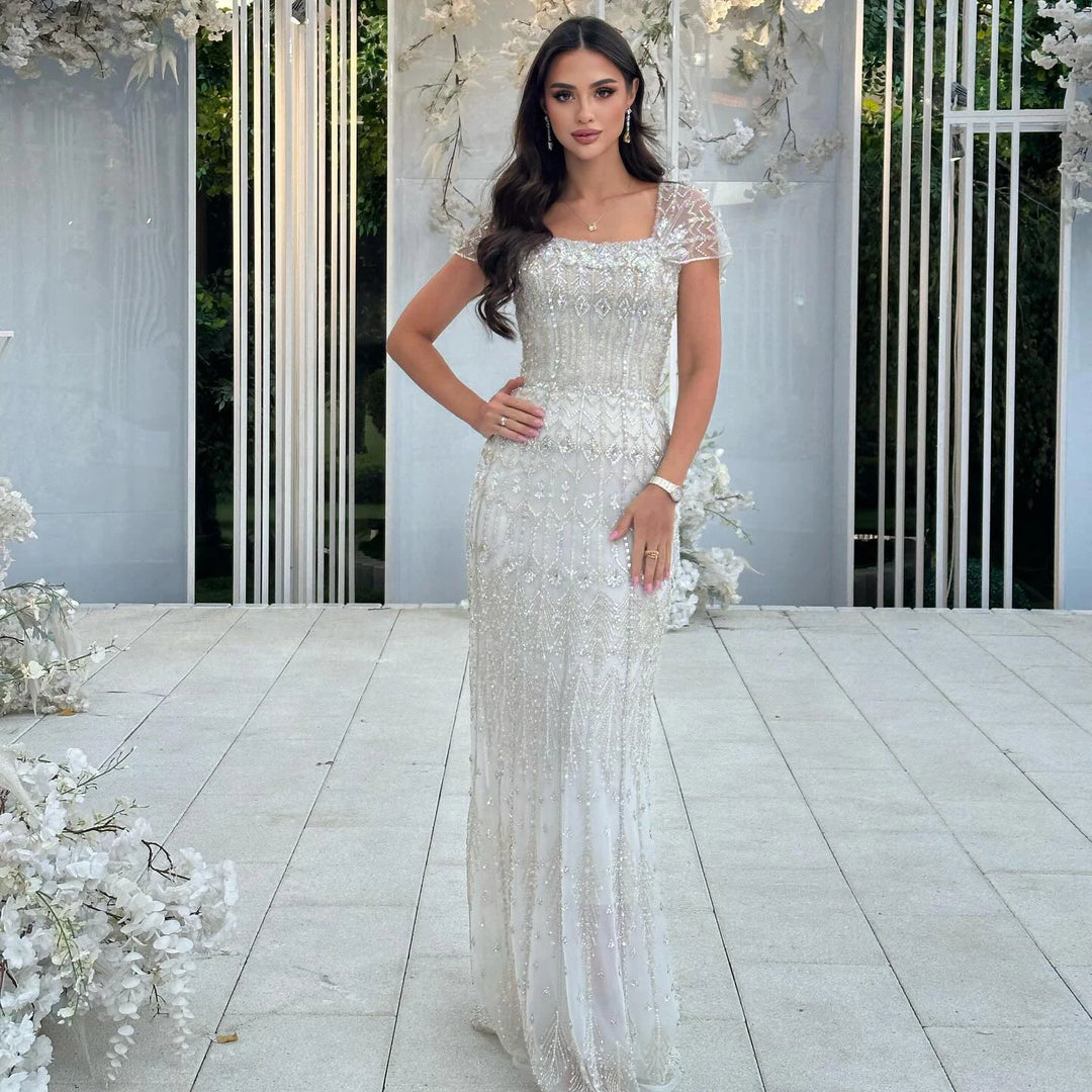 Arabic White Luxury Dubai Mermaid Evening Dress with Cap Sleeves SS291 Green / 2 Arabic White Luxury Dubai Mermaid Evening Dress with Cap Sleeves SS291 Green / 2