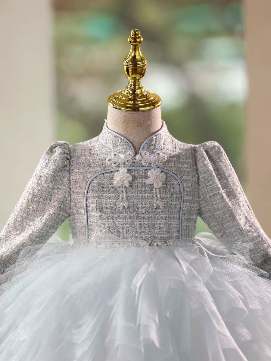 Blue Elegant Long Sleeve Princess Flower Girl Birthday Dress J727