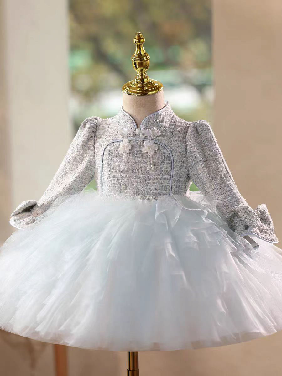 Blue Elegant Long Sleeve Princess Flower Girl Birthday Dress J727