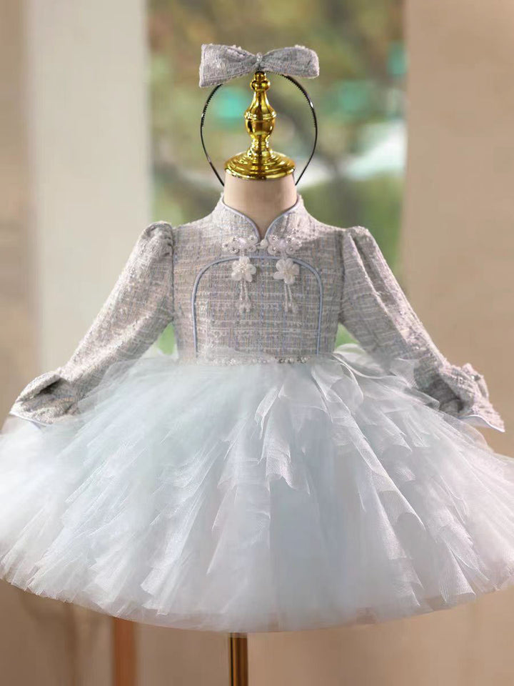Blue Elegant Long Sleeve Princess Flower Girl Birthday Dress J727