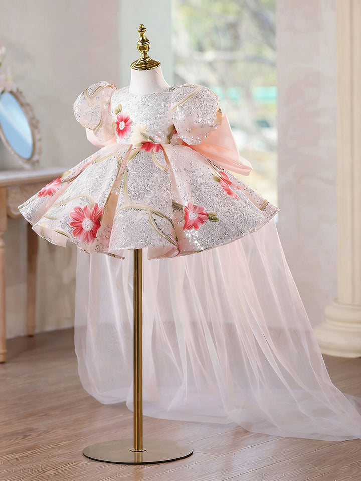 Luxury Baby Pink Flower Girl Dress with Detachable Train Princess Birthday Party Gown J888