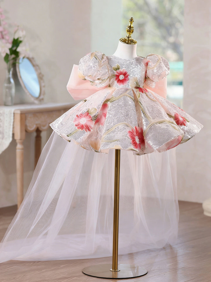 Luxury Baby Pink Flower Girl Dress with Detachable Train Princess Birthday Party Gown J888
