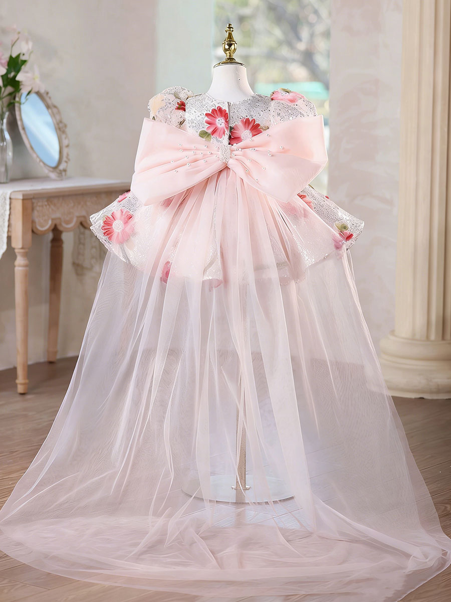 Luxury Baby Pink Flower Girl Dress with Detachable Train Princess Birthday Party Gown J888