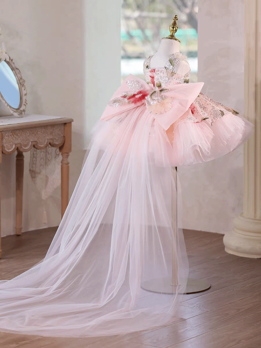 Luxury Baby Pink Floral Sequin Party Flower Girl Princess Dress J886