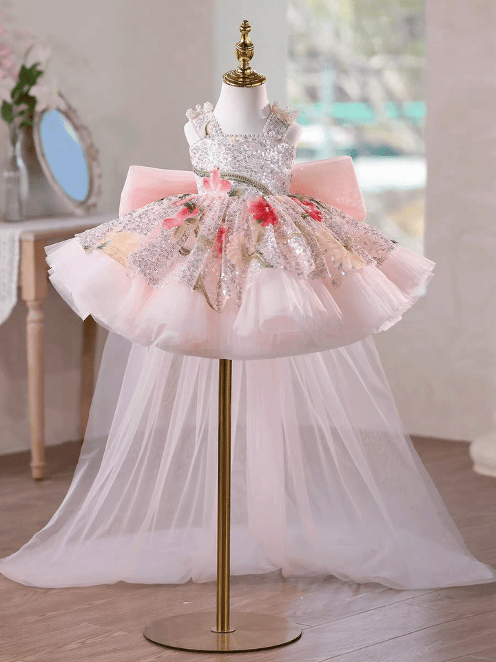 Luxury Baby Pink Floral Sequin Party Flower Girl Princess Dress J886