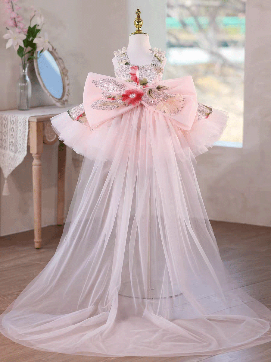 Luxury Baby Pink Floral Sequin Party Flower Girl Princess Dress J886