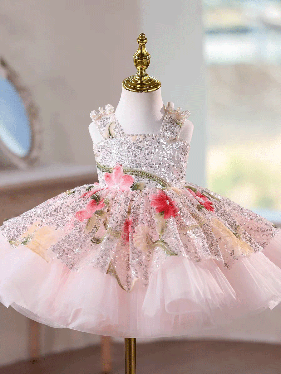 Luxury Baby Pink Floral Sequin Party Flower Girl Princess Dress J886