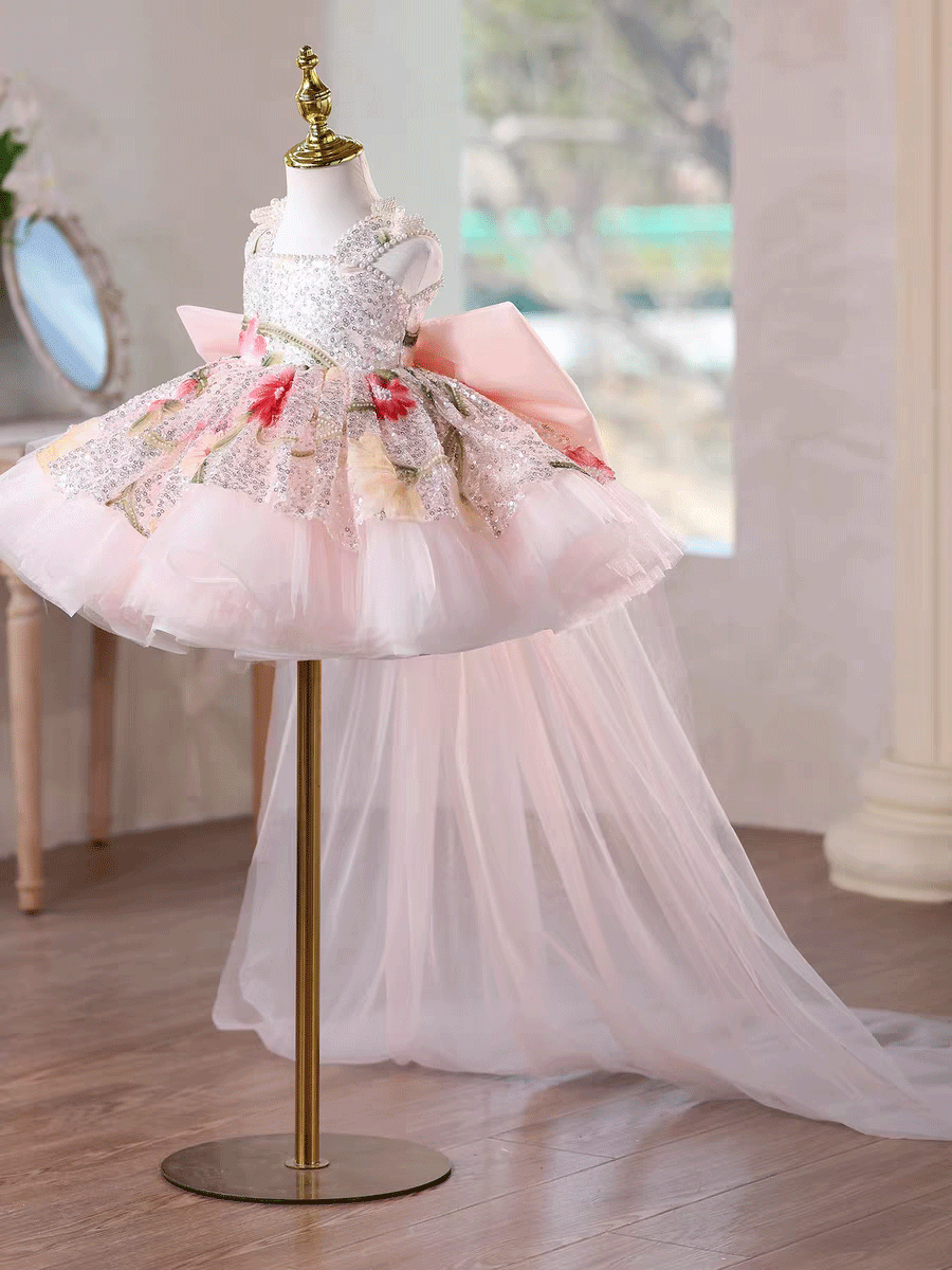 Luxury Baby Pink Floral Sequin Party Flower Girl Princess Dress J886