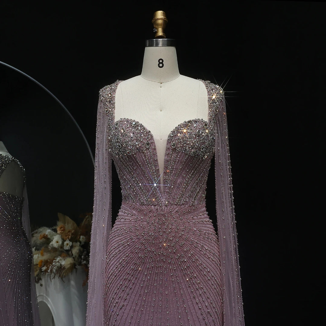 Beaded Nude Dubai Dress with Cape Sleeves Pink Arabic Gown SS194