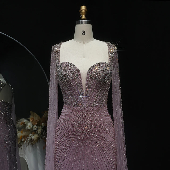 Beaded Nude Dubai Dress with Cape Sleeves Pink Arabic Gown SS194
