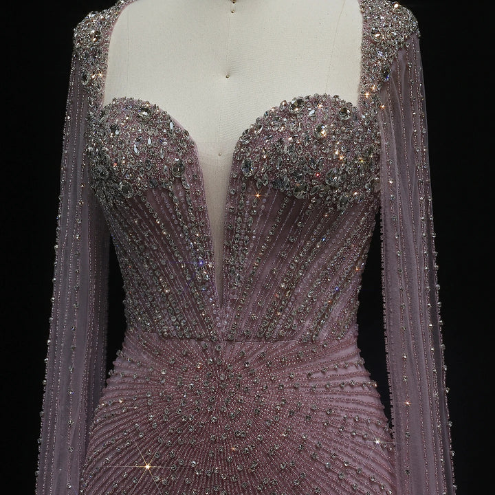 Beaded Nude Dubai Dress with Cape Sleeves Pink Arabic Gown SS194