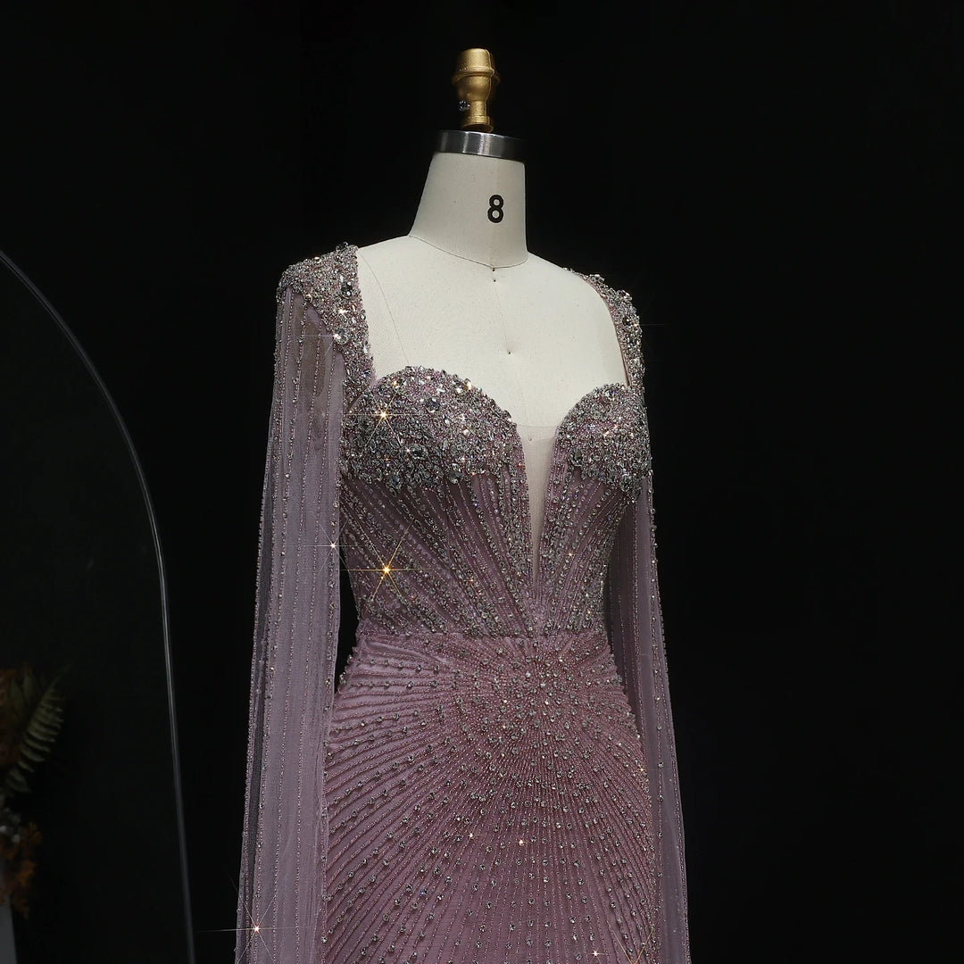 Beaded Nude Dubai Dress with Cape Sleeves Pink Arabic Gown SS194