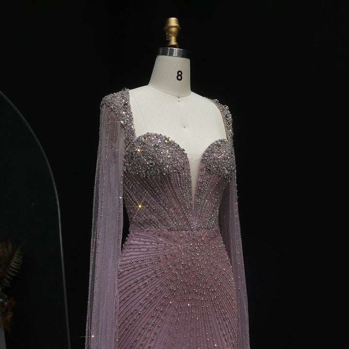 Beaded Nude Dubai Dress with Cape Sleeves Pink Arabic Gown SS194