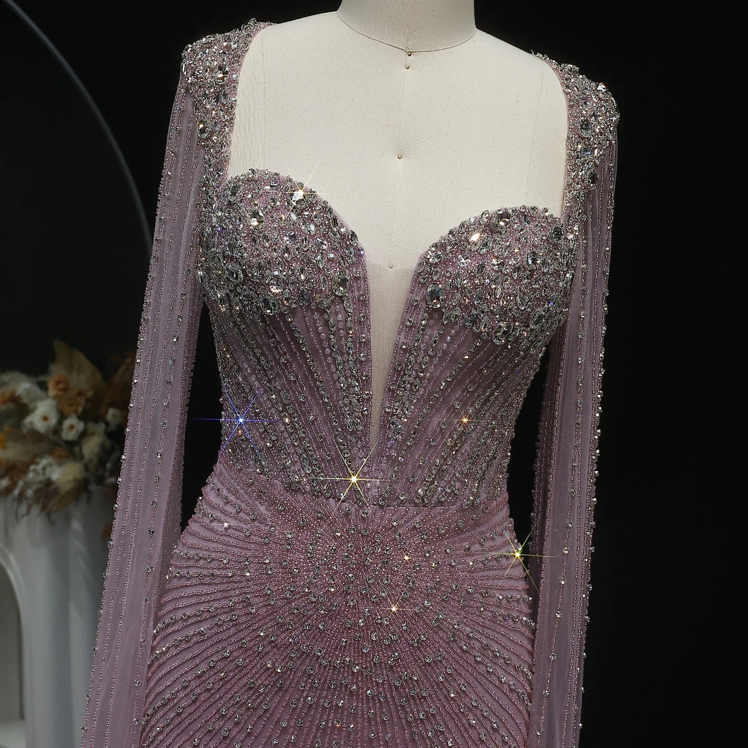 Beaded Nude Dubai Dress with Cape Sleeves Pink Arabic Gown SS194