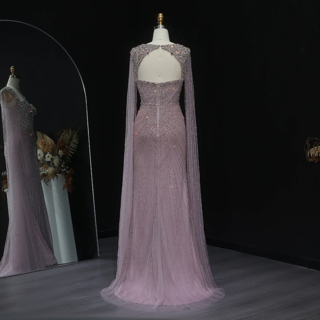 Beaded Nude Dubai Dress with Cape Sleeves Pink Arabic Gown SS194