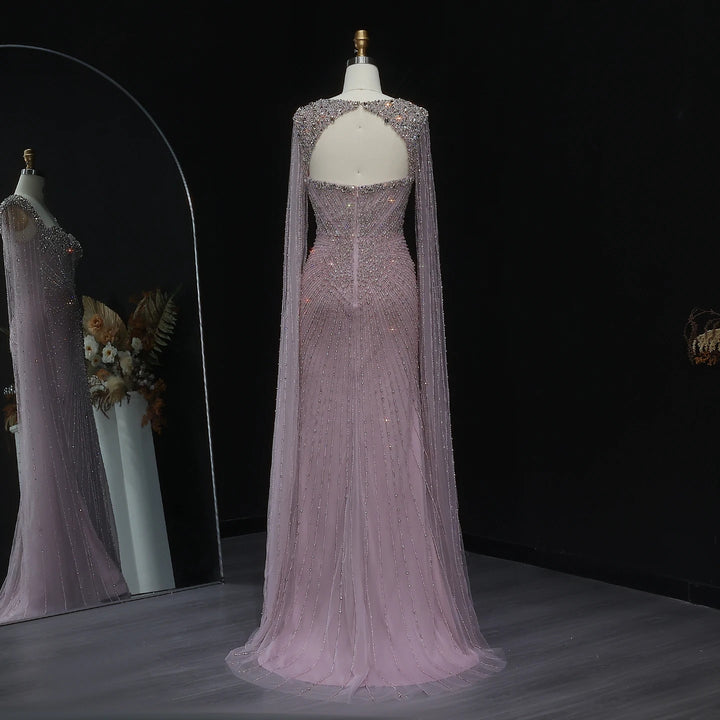 Beaded Nude Dubai Dress with Cape Sleeves Pink Arabic Gown SS194